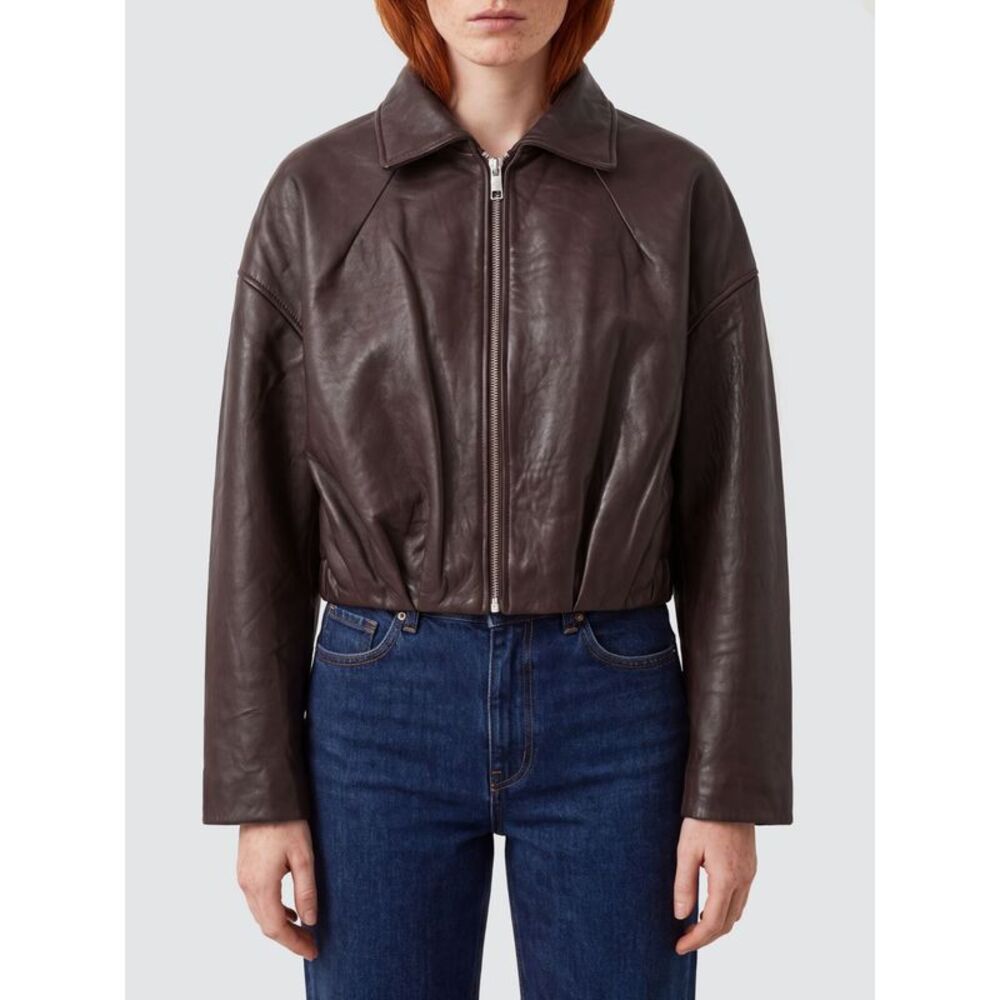 Rotate Women Rotate Relaxed Fit Cropped Lambskin Leather Jacket With Zip Closure